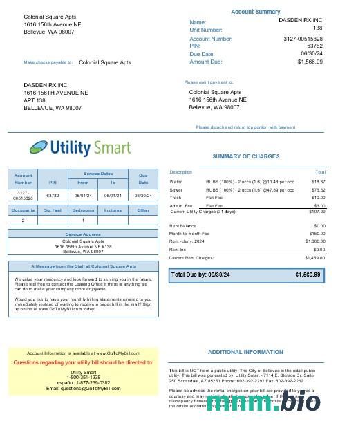 USA Arizona Utility inteligentny szablon rachunku za media Biznesowe w formatach Word i PDF